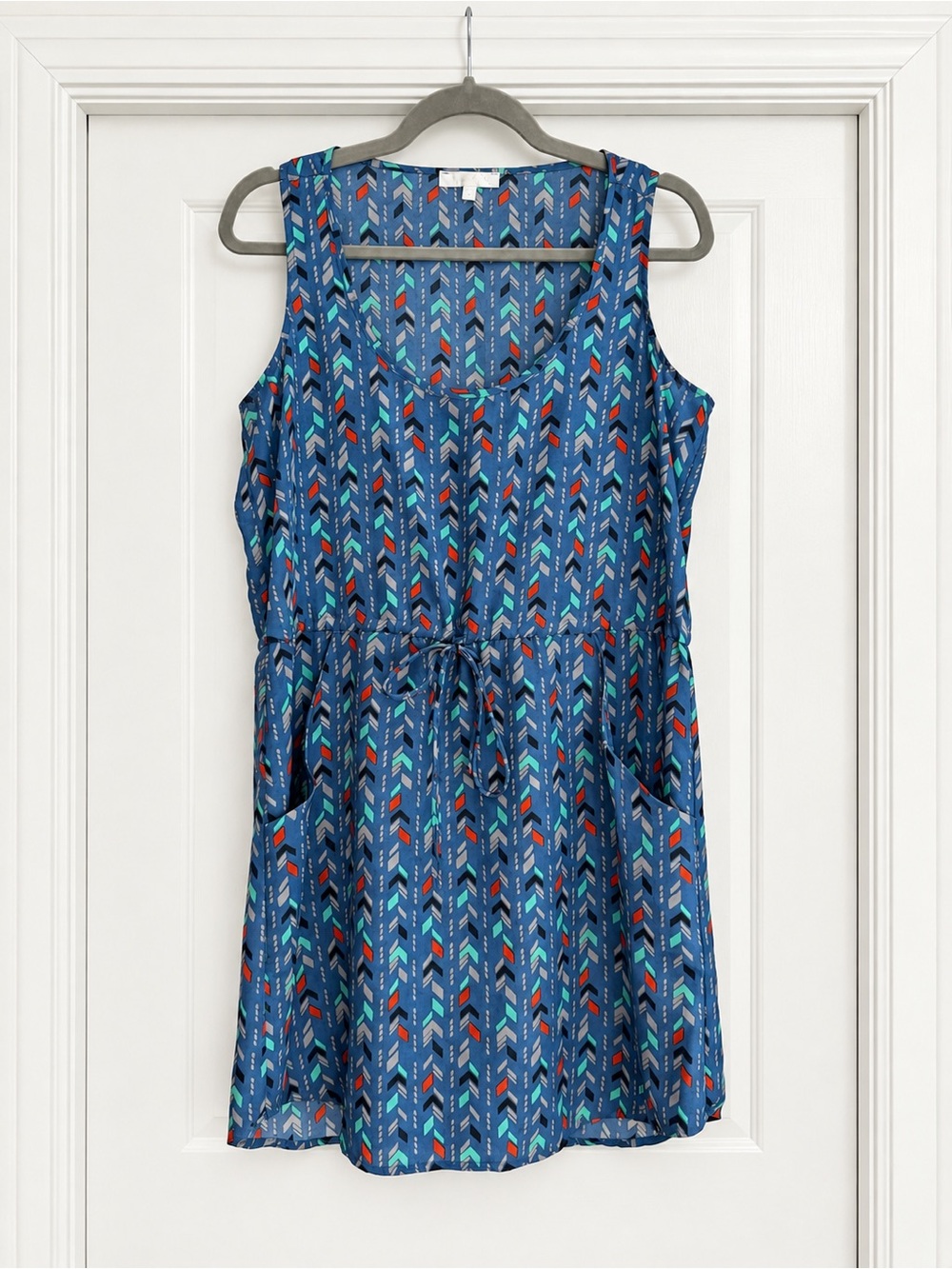 glam Blue Patterned Sleeveless Drawstring Mini Dress, Size M